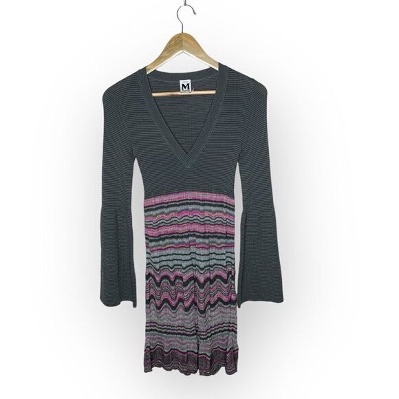 M by Missoni Dresses & Skirts - M Missoni Long Sleeve Grey Chevron Multicolor Bottom  Knit Dress - XS